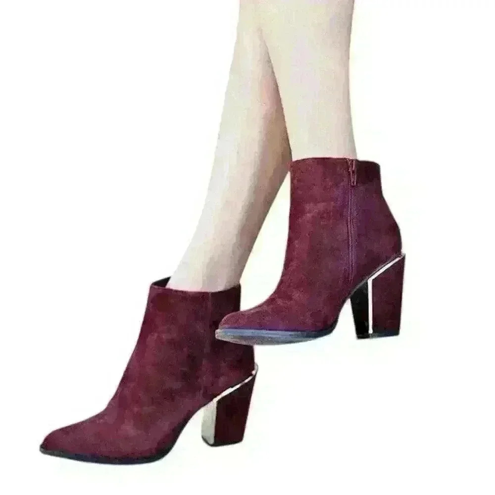 Aldo Burgundy Suede Ankle Boots Metallic Gold Chunky Heels  US 6.5 Date Night - Picture 5 of 16